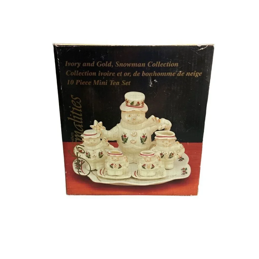 Formalities by Baum Brothers 10 pc Snowman Holly Berries Mini Tea Set Ivory Gold